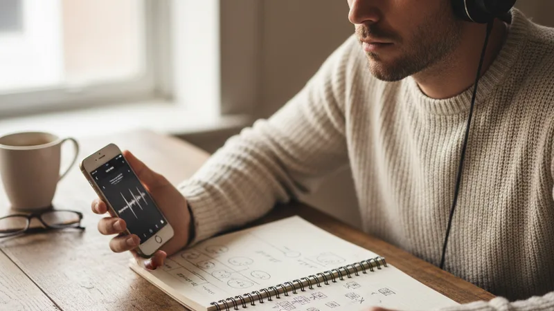 Songwriter wearing headphones at a wooden desk listening intently to playback on an iPhone with a notepad open showing structural notes, focused thoughtful mood, soft window light, candid documentary lifestyle photography, warm neutral tones