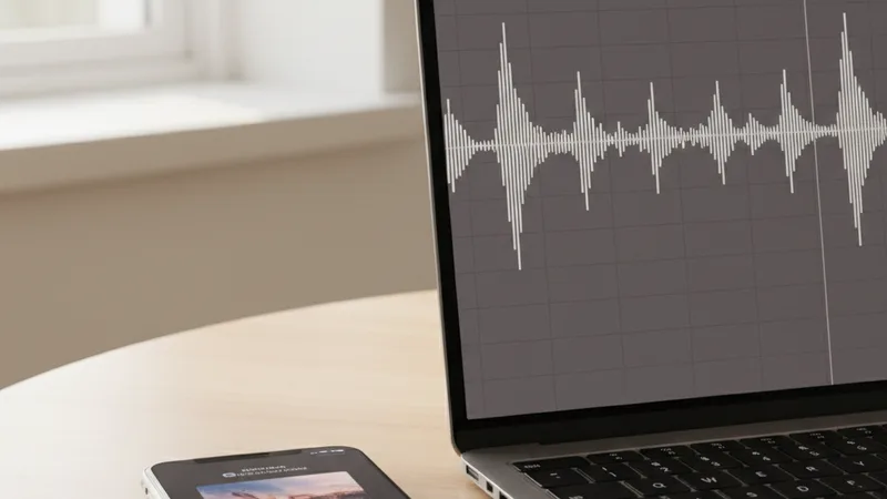 Close-up of a laptop screen showing a long audio waveform timeline with visible repeating sections, an iPhone with a music app resting beside it, soft natural window light, candid lifestyle photography in editorial style, warm neutral tones