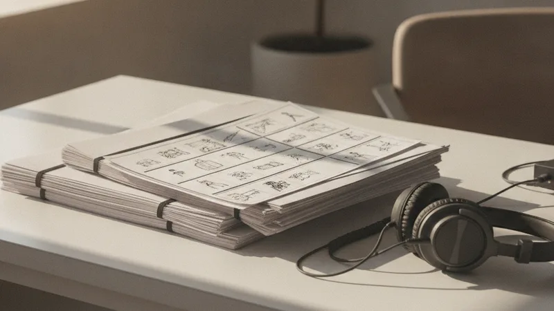 Stack of film scripts and storyboards on desk with professional headphones