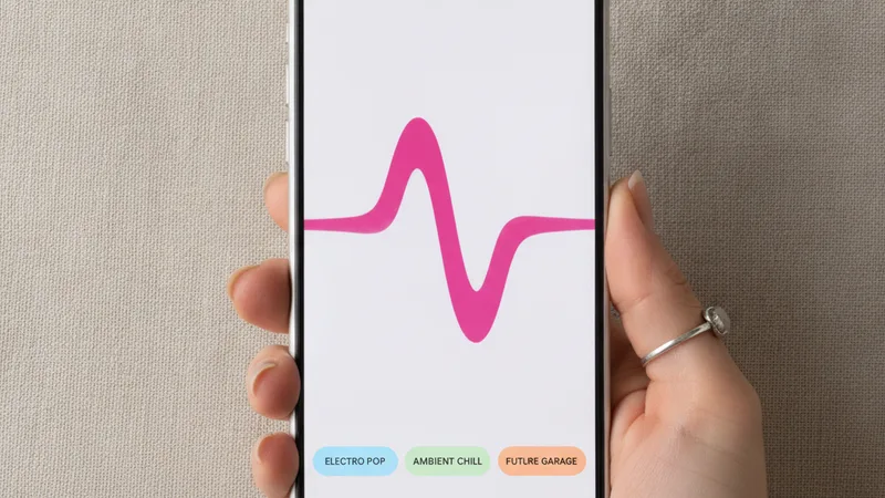 Hand holding iPhone showing music generator app with waveform