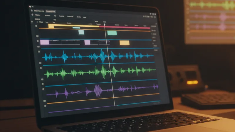 Video editing timeline on laptop screen showing waveform tracks in dark suite