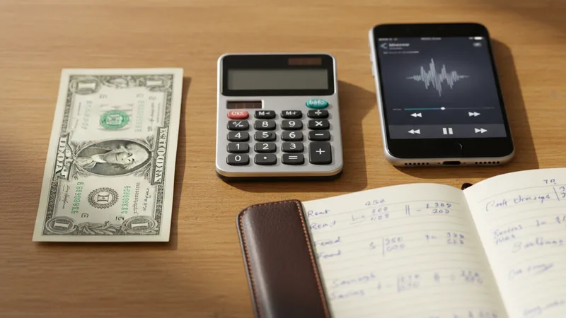 Flat lay of a US dollar bill folded next to a small calculator, an iPhone showing a music app, and a small leather notebook with handwritten budget figures, on a wooden desk, soft natural daylight, intimate detail photography in editorial style, warm wood tones
