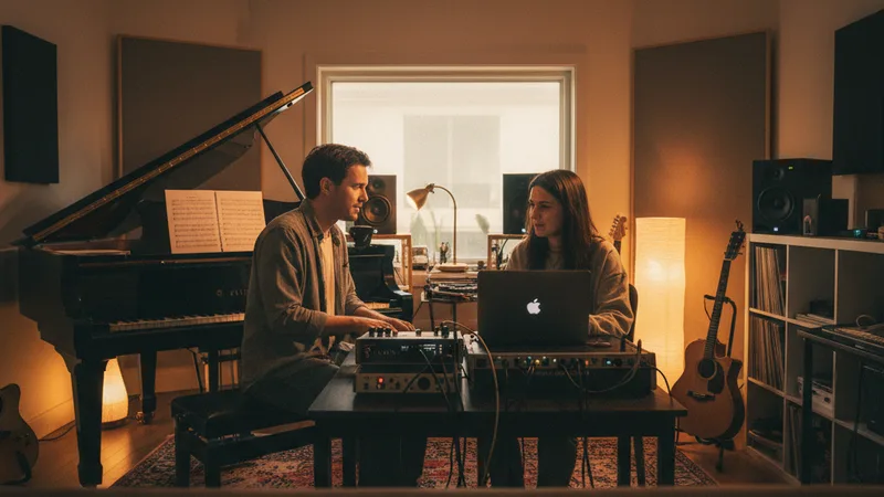 Wide shot of a music studio with a composer at a piano on the left and a producer at a laptop with an audio interface on the right, both working in the same warm-lit room, candid documentary photography in editorial style, collaborative creative mood, warm amber tones