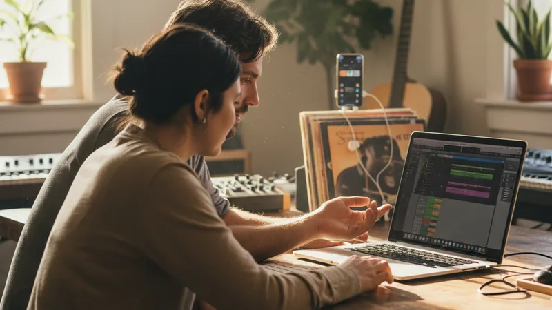 Composer and producer collaborating at a desk reviewing a music project on a laptop with an iPhone playing reference music in the background, soft window light, candid documentary lifestyle photography, collaborative thoughtful mood, warm neutral tones