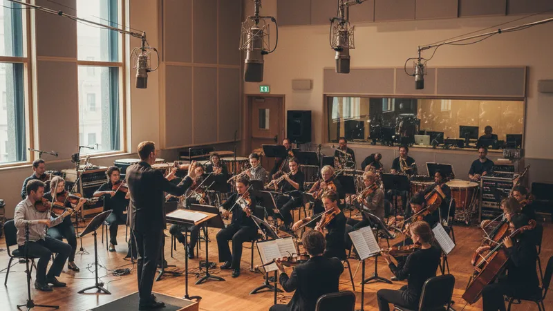 Wide shot of a film score recording session with a small orchestra in a studio, a conductor at the front, microphones suspended overhead, candid documentary photography in editorial style, professional studio atmosphere, warm amber and gold tones