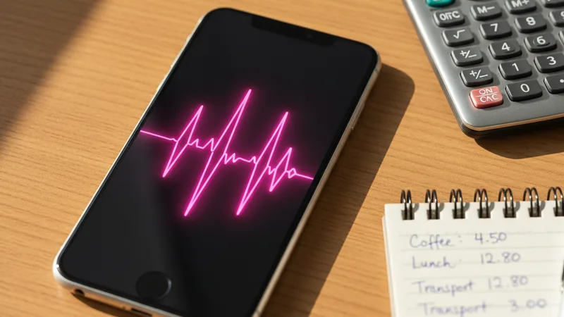 Close-up flat lay of an iPhone showing a vibrant pink audio waveform on a wooden desk next to a small calculator and a small notebook with cost calculations, soft natural daylight, intimate detail photography in editorial style, warm wood tones