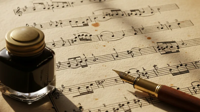 Close-up of a handwritten musical score on heavy parchment paper with a fountain pen resting beside it, an inkwell visible, soft warm window light, candid still-life photography in editorial style, warm sepia and amber tones
