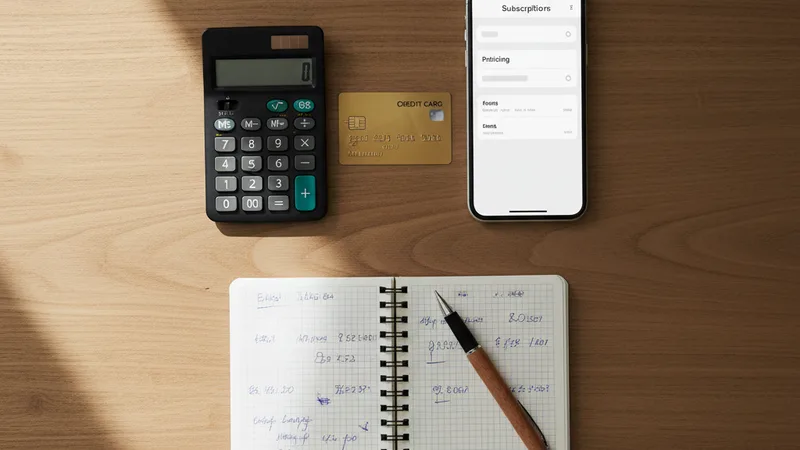 Flat lay of a small calculator next to a credit card and an iPhone showing a subscription pricing screen, a small notebook with handwritten budget figures on a wooden desk, soft natural daylight, intimate detail photography in editorial style, warm wood tones