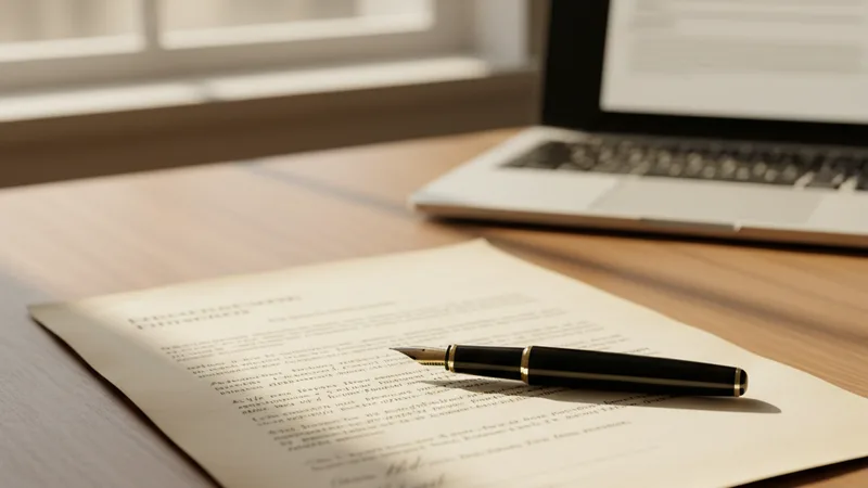 Close-up flat lay of an open legal document with a fountain pen resting on it, a laptop visible in the background, soft natural window light, candid still-life photography in editorial style, warm wood and sepia tones