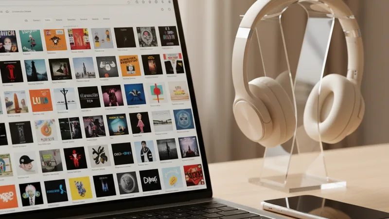 Close-up of a laptop screen showing a music library grid view with many small thumbnails and track titles, an iPhone resting beside it, headphones on a stand, soft natural window light, candid lifestyle photography in editorial style, warm neutral tones