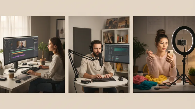 Wide shot of three different content creator workspaces side by side - a YouTube video editor at a desktop, a podcaster at a microphone, and a social content creator at a phone tripod - all working in soft natural light, candid documentary photography in editorial style, warm neutral tones