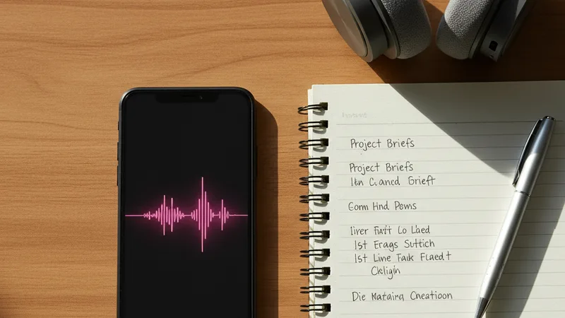Flat lay of an iPhone displaying a vibrant pink audio waveform on a wooden desk next to a small notebook with handwritten project briefs, a pen, headphones, soft natural daylight, intimate detail photography in editorial style, warm wood tones