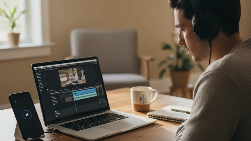 Content creator wearing headphones at a desk editing a video project on a laptop with an iPhone next to it playing reference music, a coffee cup and notepad on the desk, soft window light, candid documentary lifestyle photography, focused mood, warm neutral tones