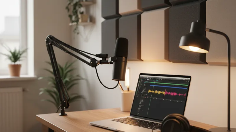 Modern home podcast studio setup with acoustic foam panels on the walls, a desktop microphone, a laptop showing an audio editor timeline, and warm desk lighting, candid documentary photography, focused creative atmosphere, warm neutral tones
