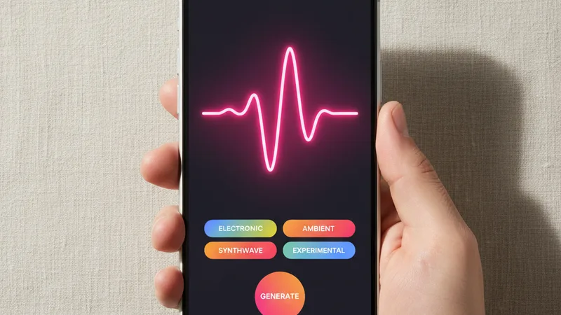 Hand holding an iPhone in portrait orientation showing a music generator app interface with a bright pink waveform and genre tags, clean neutral linen background, product photography style, soft directional daylight