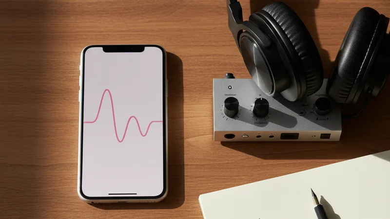 Flat lay of an iPhone showing a pink audio waveform on a wooden desk next to a small audio interface, headphones, a notepad with a podcast episode outline, soft natural daylight, intimate detail photography in editorial style, warm tones