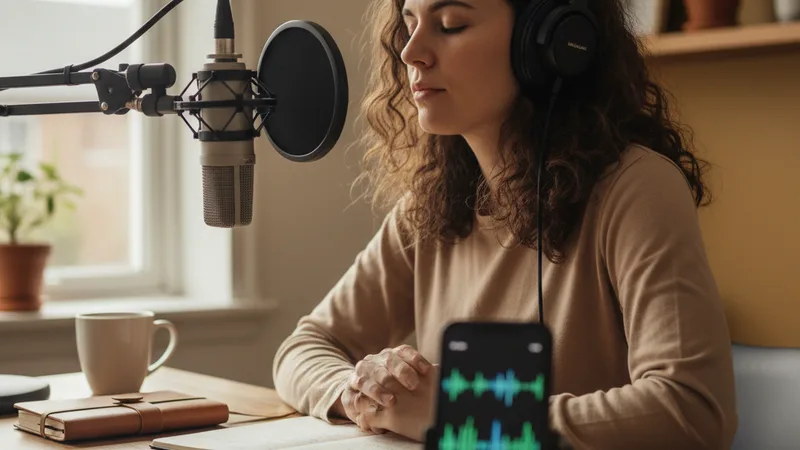 Podcaster wearing headphones listening intently to playback at a desk with a microphone in the foreground and an iPhone visible showing audio waveforms, soft window light, candid documentary lifestyle photography, focused mood, warm neutral tones