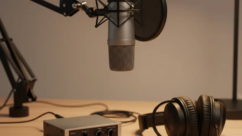 Close-up of a large condenser microphone on a boom arm with a pop filter, a small audio interface, and headphones on a wooden desk, soft warm lamp light, candid still-life podcasting photography, neutral warm tones