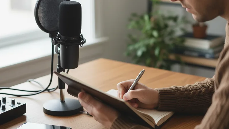 Podcaster writing in a leather notebook on a desk beside a microphone and an iPhone, soft natural window light, candid lifestyle photography in editorial style, focused creative mood, warm wood tones, focused over-the-shoulder view