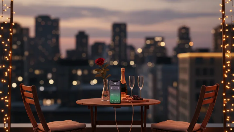 Romantic evening rooftop setup with fairy lights strung overhead, a small table with two chairs, a single rose and an iPhone connected to a Bluetooth speaker, soft city skyline blurred in background at dusk, candid lifestyle photography, warm amber tones