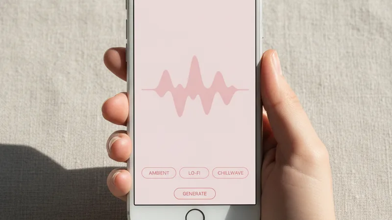 Hand holding an iPhone in portrait orientation showing a music generator app interface with a soft pink waveform and genre tags, clean neutral linen background, product photography style, soft directional daylight