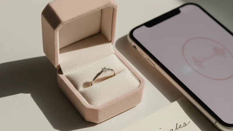 Close-up flat lay of a small open ring box next to an iPhone showing a soft pink music waveform, a handwritten note folded beside it, soft natural daylight, intimate detail photography in editorial style, warm neutral palette