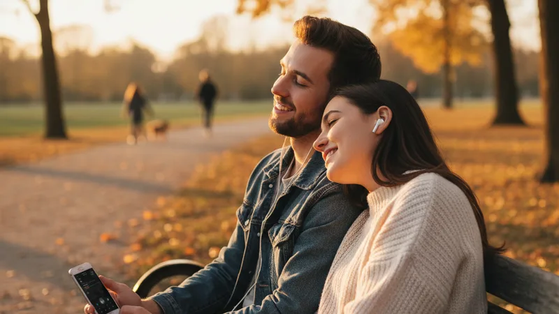Two people sitting close together on a park bench at sunset, one holding an iPhone playing music through small earbuds shared between them, soft warm golden hour light, candid documentary lifestyle photography, romantic intimate framing