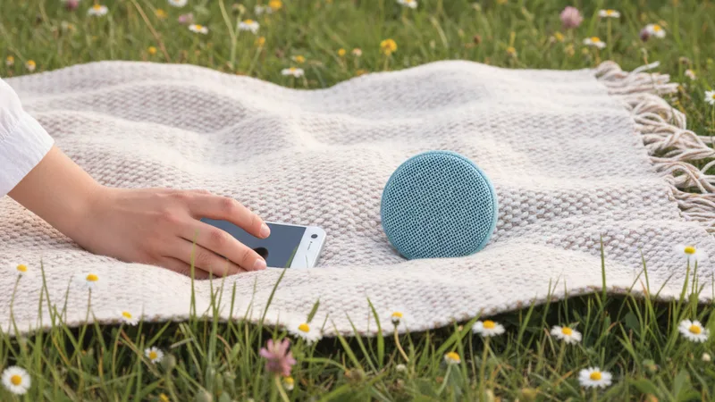 Hand holding an iPhone next to a small Bluetooth speaker on a wooden picnic blanket spread on grass with wildflowers, soft afternoon light, candid lifestyle photography from above, warm pastel tones