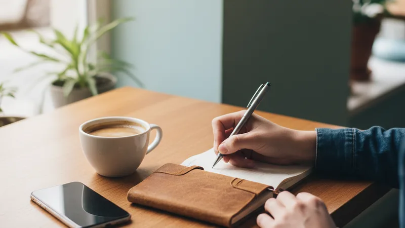 Person writing in a small leather notebook on a cafe table next to an iPhone and a coffee cup, soft natural window light, candid lifestyle photography in editorial style, warm wood and pastel tones, focused over-the-shoulder view