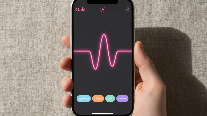 iPhone showing a music generator app interface with pink waveform and genre tags