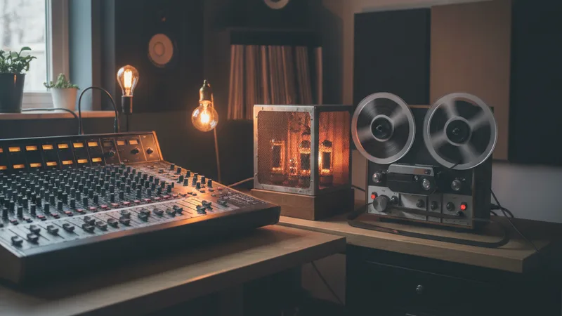 Analog mixing board with glowing tube reverb and tape delay in a dim studio