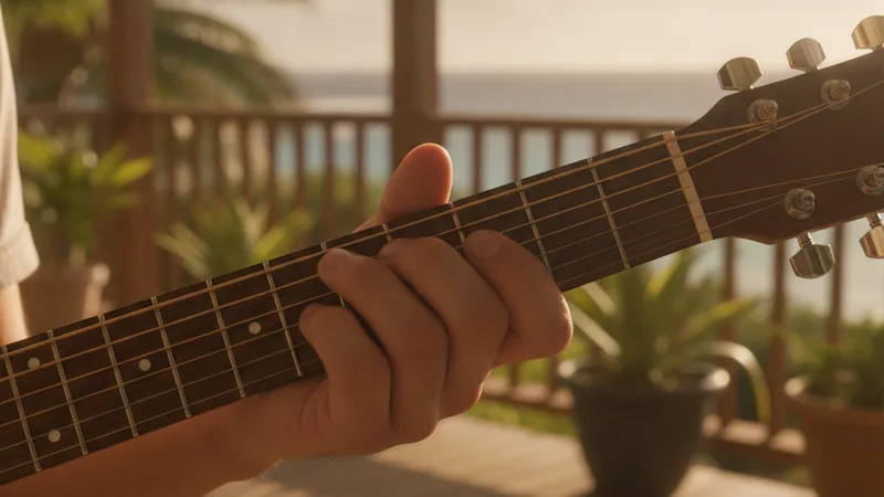 Acoustic guitar neck with a skank-strum hand position on a warm sunlit porch