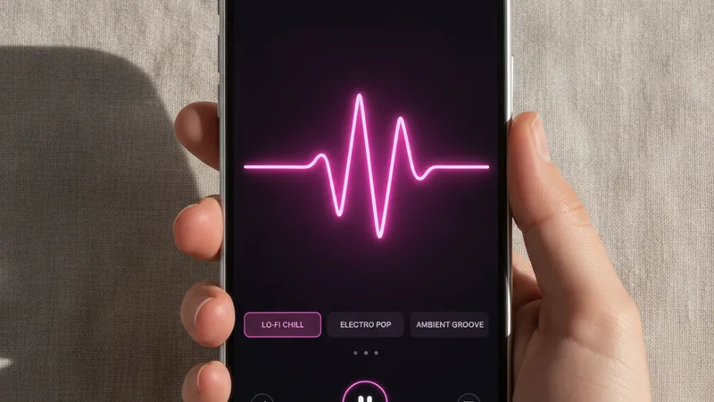 Hand holding an iPhone in portrait orientation showing a music generator app interface with a bright pink waveform and genre tags, clean neutral linen background, product photography style, soft directional daylight