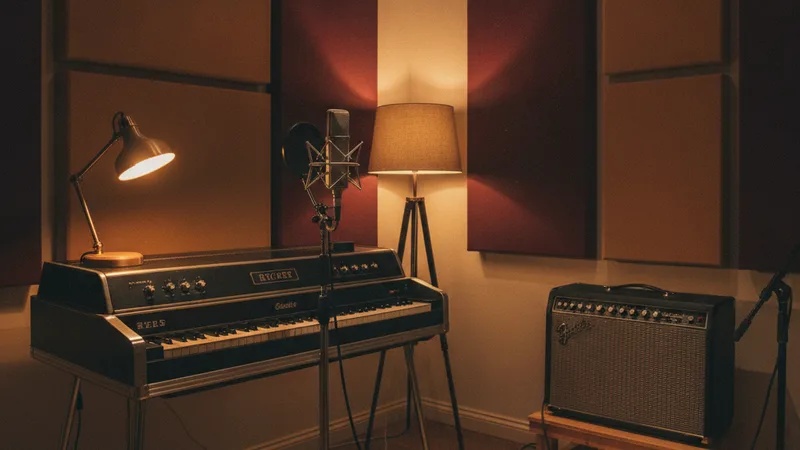 Wide atmospheric home recording studio scene with a Rhodes electric piano a vintage microphone a guitar amplifier and acoustic foam wall treatment soft warm low key lighting with golden lamp glow candid documentary photography in editorial style intimate soulful mood warm amber and burgundy tones