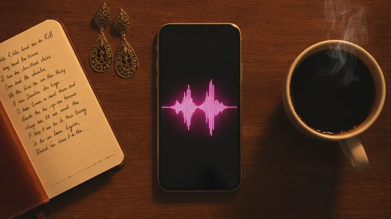 Flat lay of an iPhone displaying a vibrant pink audio waveform on a wooden desk next to a small leather notebook with handwritten R&B lyrics a pair of vintage gold earrings and a cup of coffee, soft warm lamp light, intimate detail photography in editorial style, warm amber and burgundy tones