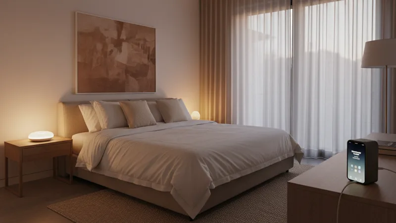 Wide bedroom shot at twilight with a softly lit bed, a small white noise machine on the nightstand, an iPhone connected to a small Bluetooth speaker on the dresser, soft warm ambient lighting, candid lifestyle photography in editorial style, calm restful mood, warm muted tones