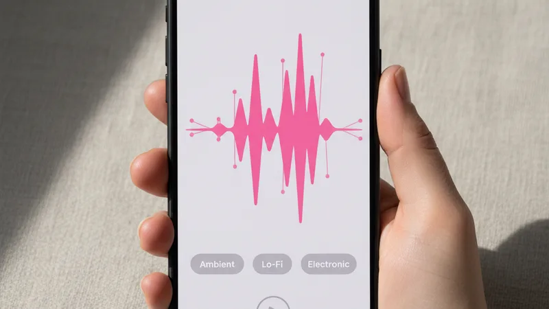 Hand holding an iPhone in portrait orientation showing a music generator app interface with a bright pink waveform and genre tags, clean neutral linen background, product photography style, soft directional daylight