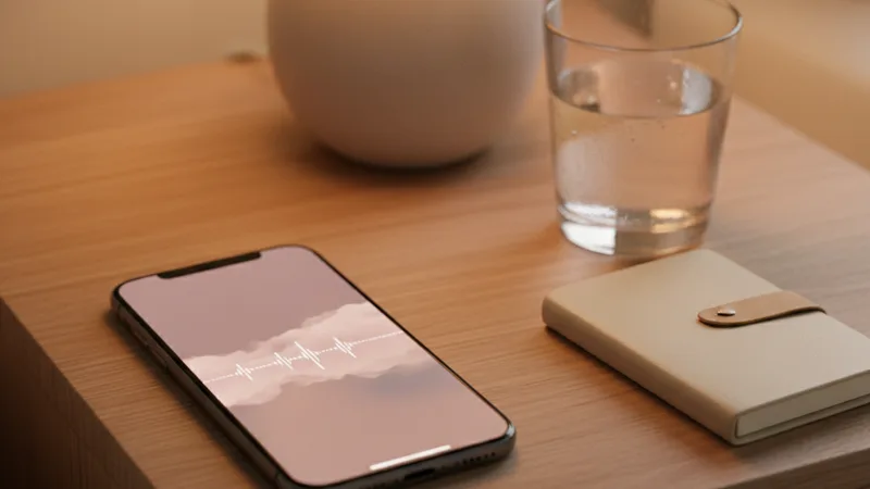 Close-up of an iPhone displaying a soft pink audio waveform on a wooden nightstand next to a glass of water and a small notebook, soft warm bedside lamp light, intimate detail photography in editorial style, calm warm muted tones