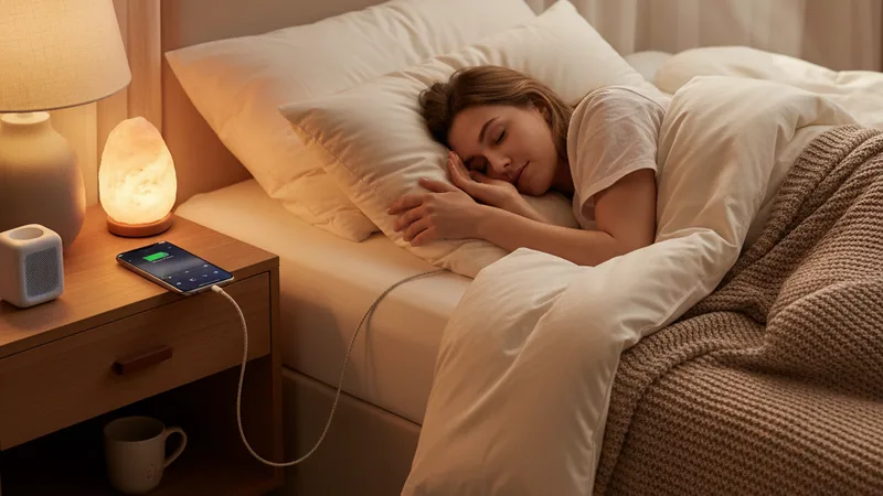 Sleeping person on a soft pillow in a softly lit bedroom at night with an iPhone playing music quietly on the nightstand, soft warm ambient lighting, candid lifestyle photography in editorial style, calm peaceful mood, warm muted tones