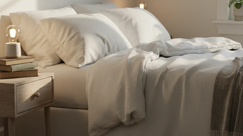 Cozy bedroom corner with a soft bed and white linen pillows in soft natural morning light, a wooden nightstand with a stack of books and a small ceramic mug, soft warm ambient lighting, candid lifestyle photography in editorial style, calm peaceful mood, warm muted tones