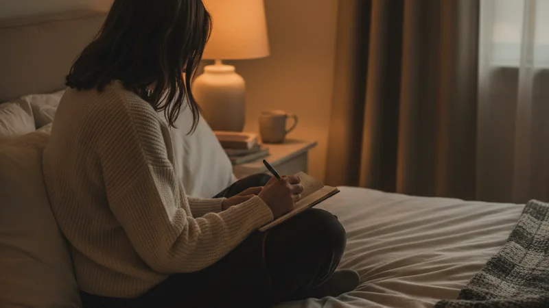 Person sitting up in bed writing in a small notebook on their lap with a soft bedside lamp on and an iPhone resting beside them on the bed, calm evening mood, soft warm ambient light, candid lifestyle photography in editorial style, warm muted tones
