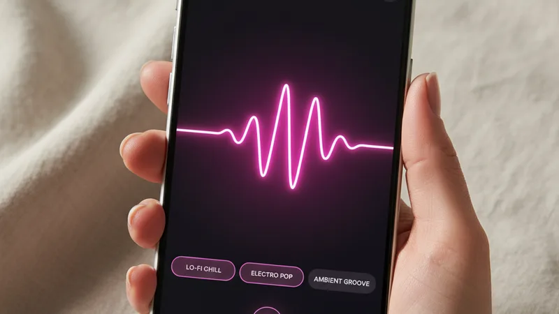 Hand holding an iPhone in portrait orientation showing a music generator app interface with a bright pink waveform and genre tags, clean neutral linen background, product photography style, soft directional daylight