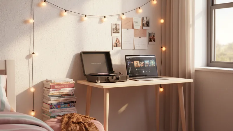 Wide teenage bedroom scene with a string of warm fairy lights on the wall a small desk with an open laptop showing a music app a vinyl record player polaroid photos pinned on the wall and a pile of teen books, soft warm afternoon window light, candid documentary photography in editorial style, contemporary teen aesthetic, warm pink amber and pastel tones