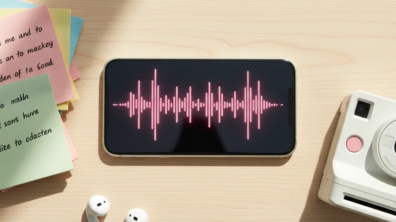 Flat lay of an iPhone displaying a vibrant pink audio waveform on a wooden desk next to a stack of sticky notes with handwritten lyric ideas a pair of wireless earbuds and a small disposable polaroid camera, soft natural daylight, intimate detail photography in editorial style, warm pink and pastel tones