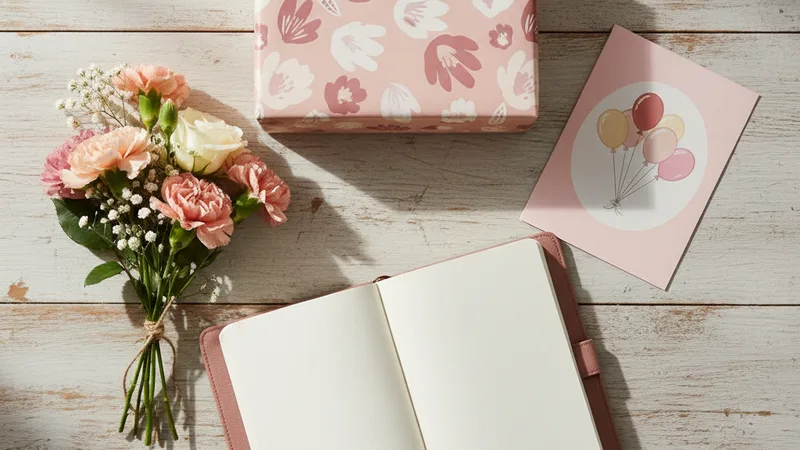 Overhead flat lay of generic teen birthday gifts including a wrapped box a printed birthday card a small bouquet of flowers and an empty journal on a wooden table, soft natural daylight, candid still-life photography in editorial style, warm muted pink tones suggesting slightly outdated predictability