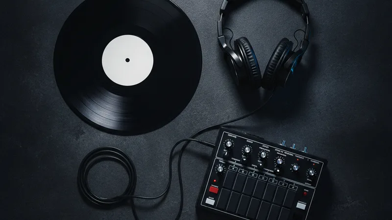 Overhead flat lay of a vinyl record, headphones and a drum machine on dark concrete