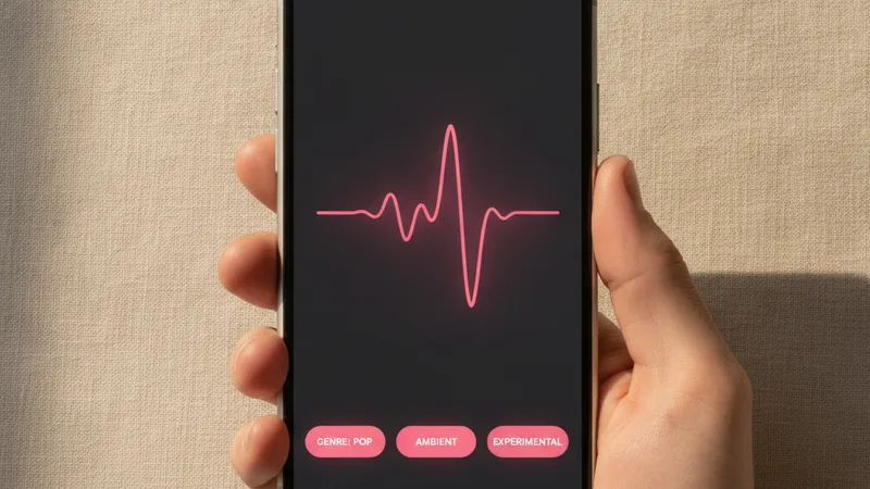Hand holding an iPhone showing a music generator app with a pink waveform and genre tags