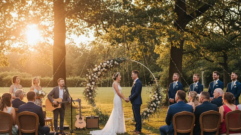 Outdoor wedding ceremony in a garden at golden hour, fairy lights strung between trees, a small acoustic setup with microphone visible, warm sunset glow, candid wedding photography style