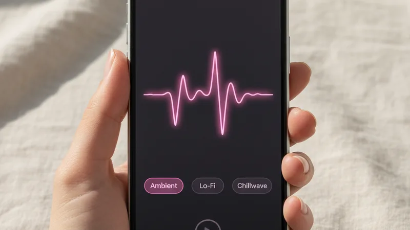 Hand holding an iPhone in portrait orientation showing a music generator app interface with a pink waveform and genre tags, clean neutral linen background, product photography style, soft directional daylight