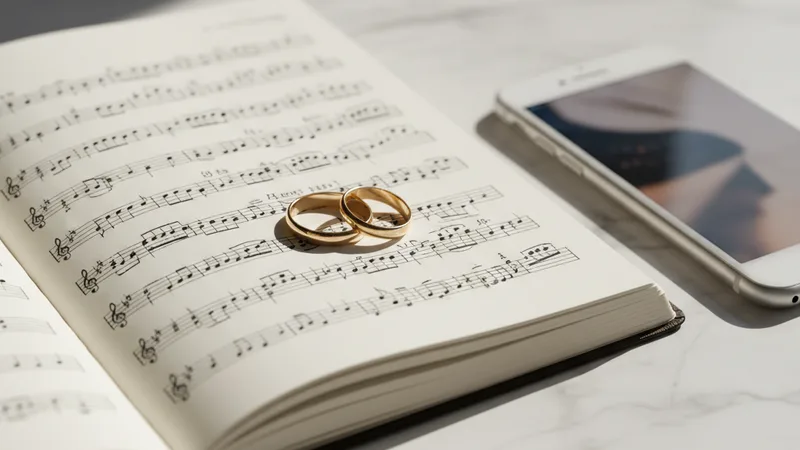 Close-up of two wedding rings on an open notebook with handwritten song lyrics in cursive, an iPhone resting beside the notebook on a marble table, soft natural daylight, intimate detail photography, warm neutral tones